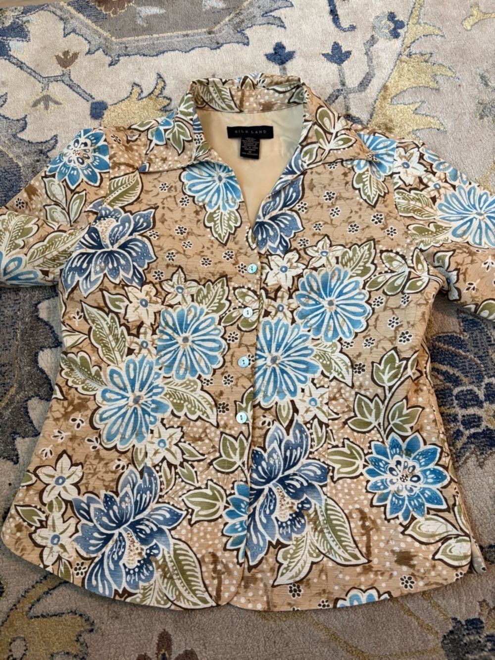 SILKLAND Vintage 100% Silk Lining Tan, Floral 3/4 Sleeve Jacket Women's Size M|